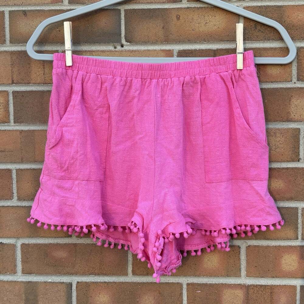 Umgee Hot Pink Linen Shorts With Pom Pom Details Womens Medium